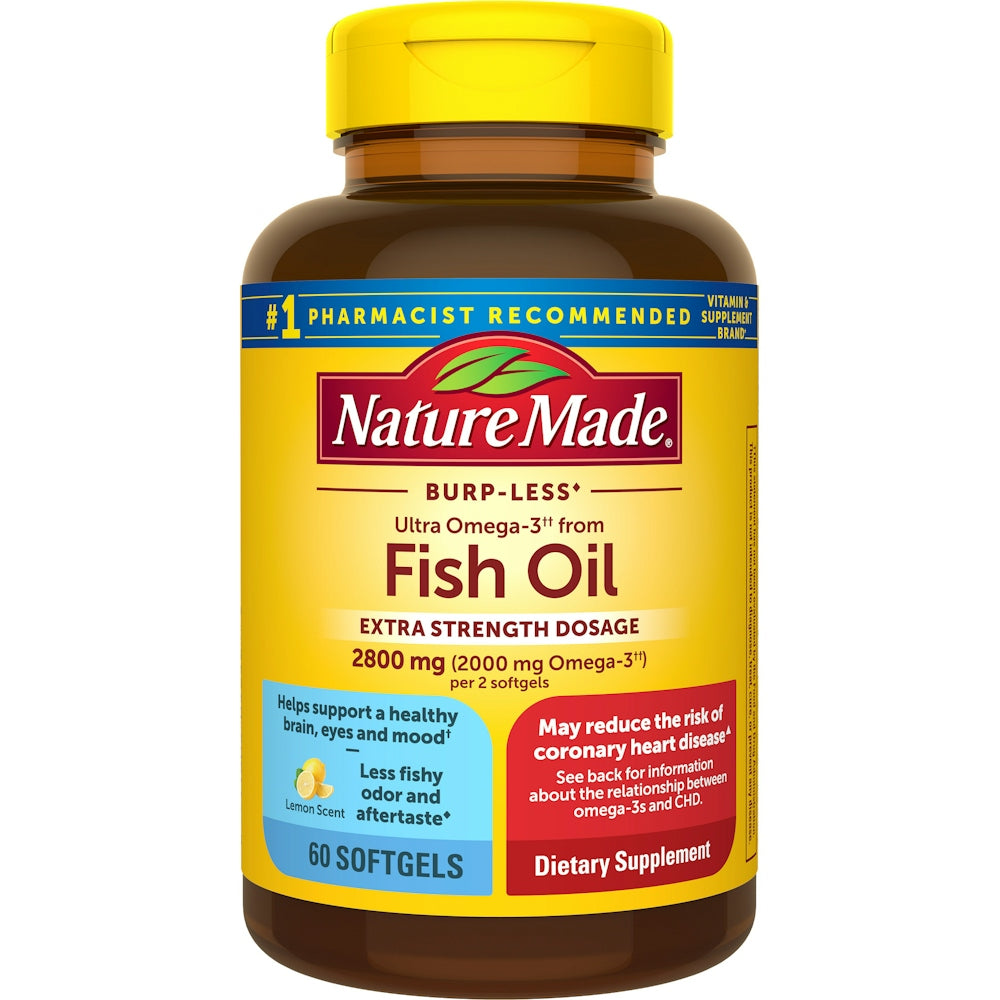 Nature Made Extra Strength Burp-Less Omega 3 Fish Oil softgels in a bottle, supporting heart, brain, eyes, and mood health.