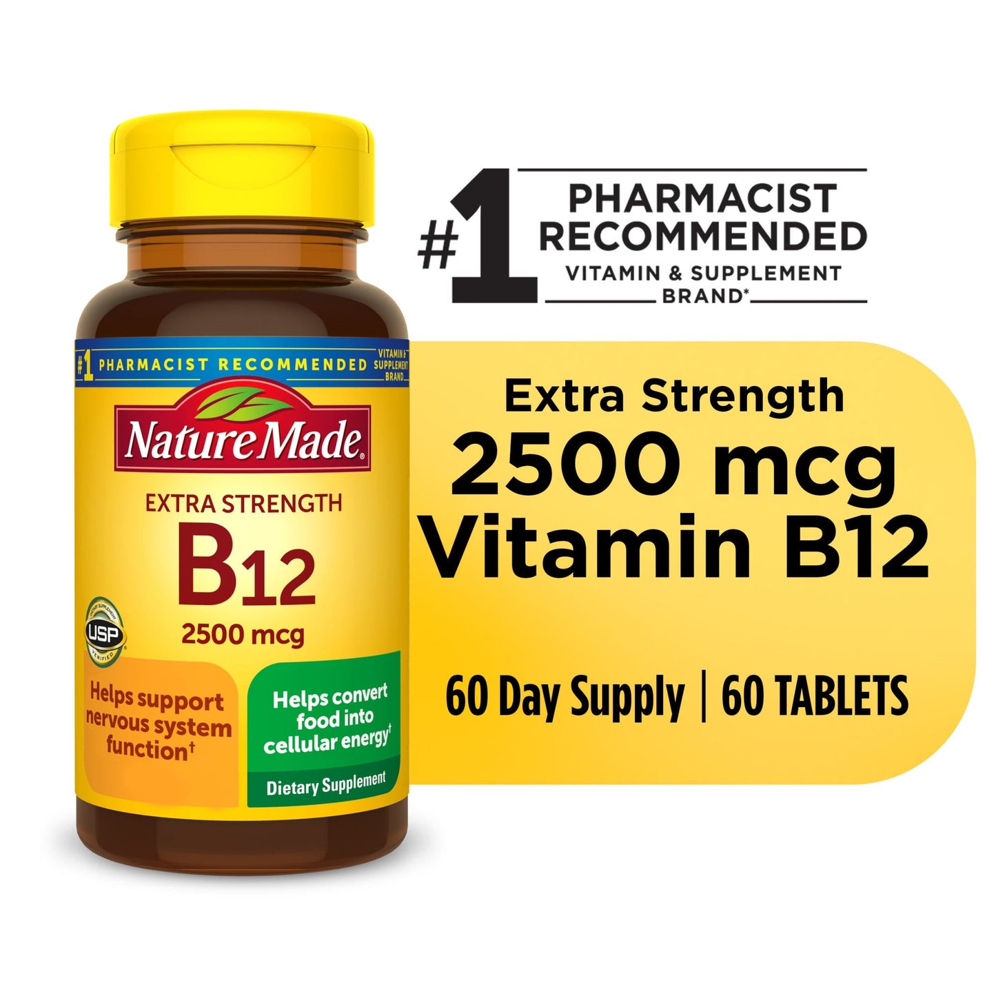 Nature Made Extra Strength Vitamin B12 2500 mcg tablets for energy and metabolism support, 60-count bottle.