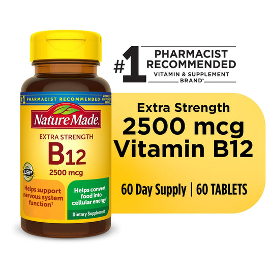 Nature Made Extra Strength Vitamin B12 2500 mcg tablets for energy and metabolism support, 60-count bottle.