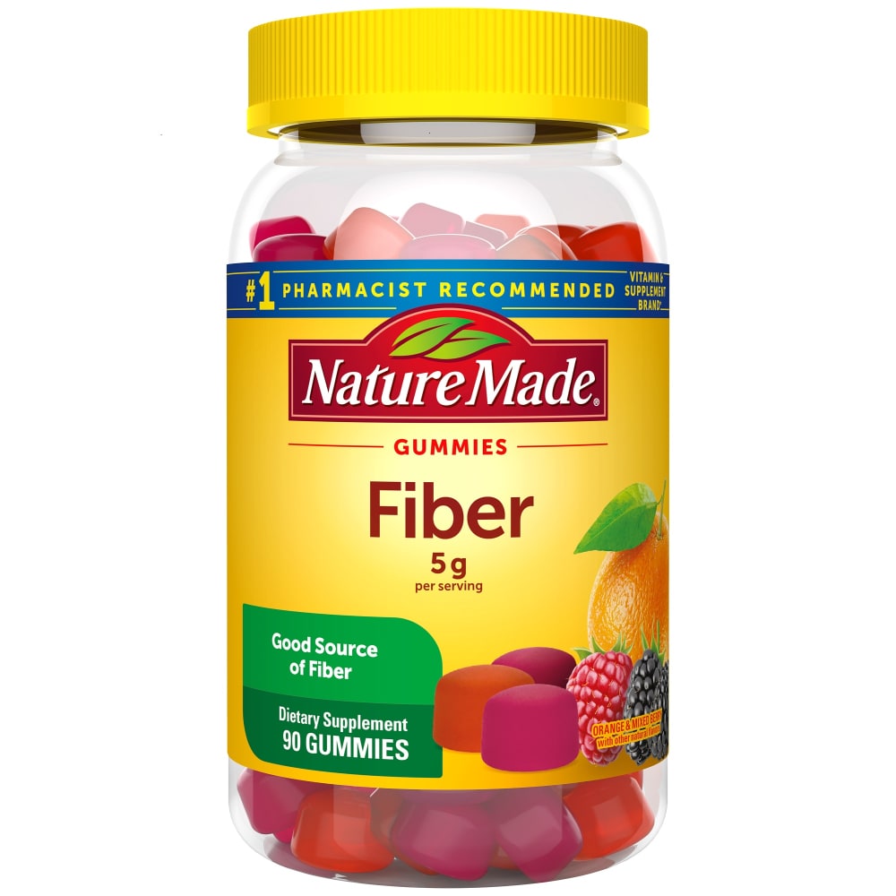 Nature Made Fiber supplement with orange and mixed berry flavor, 5g serving, in a bottle of vitamins and supplements.