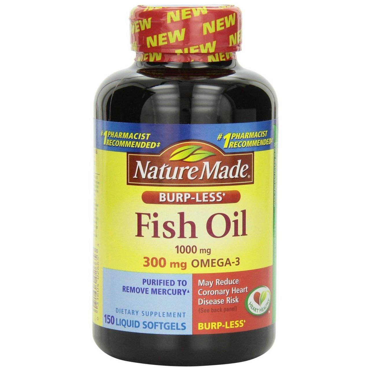 Nature Made Fish Oil 1000mg dietary supplement liquid softgels in clear bottles, showing softgel capsules with yellowish tint.