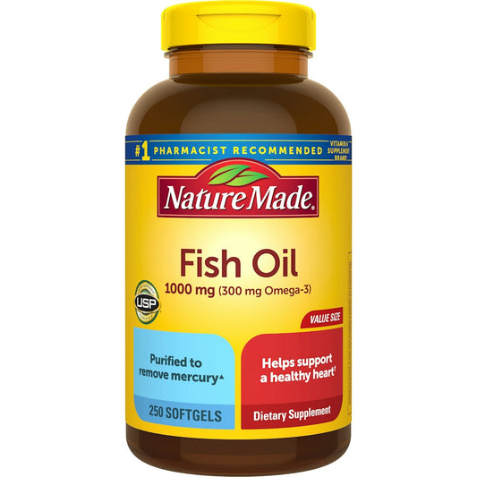 Nature Made Fish Oil 1000mg softgels, dietary supplement in clear softgel capsules, designed for heart and joint health.