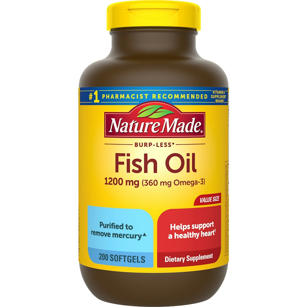 Nature Made Fish Oil 1200 mg softgels in value size, dietary supplement for heart and joint health, vitamin and supplement product