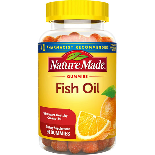 Nature Made Fish Oil Gummies in strawberry, lemon, and orange flavors, containing 57 mg Omega-3s, in a vitamin supplement bottle