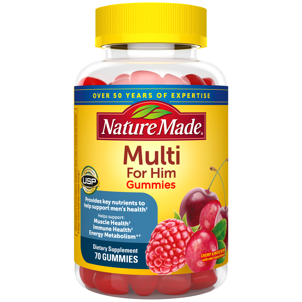 Nature Made For Him multivitamin gummies in a bottle, dietary supplement vitamins and supplements for men's health.