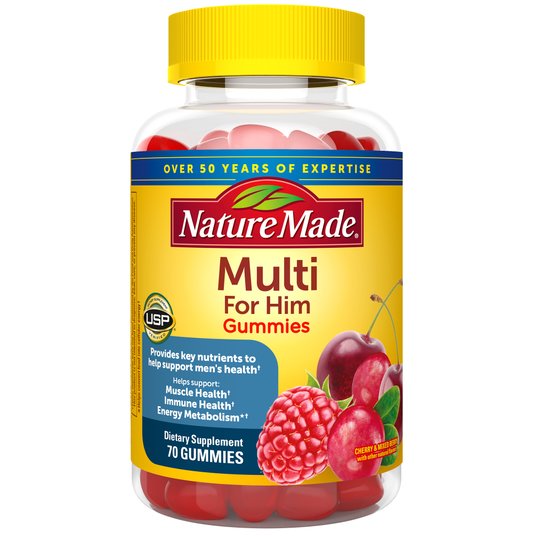 Nature Made For Him multivitamin gummies in a bottle, dietary supplement vitamins and supplements for men's health.