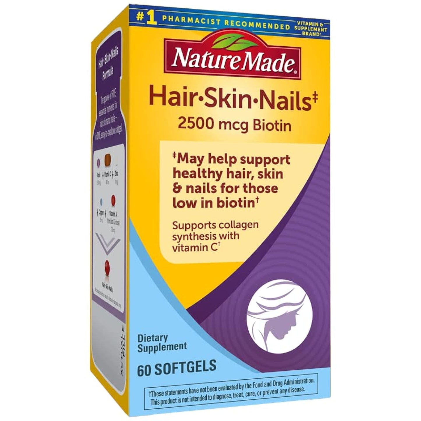 Nature Made Hair, Skin & Nails Biotin 2500 Mcg softgels bottle, dietary vitamins and supplements for hair and skin health