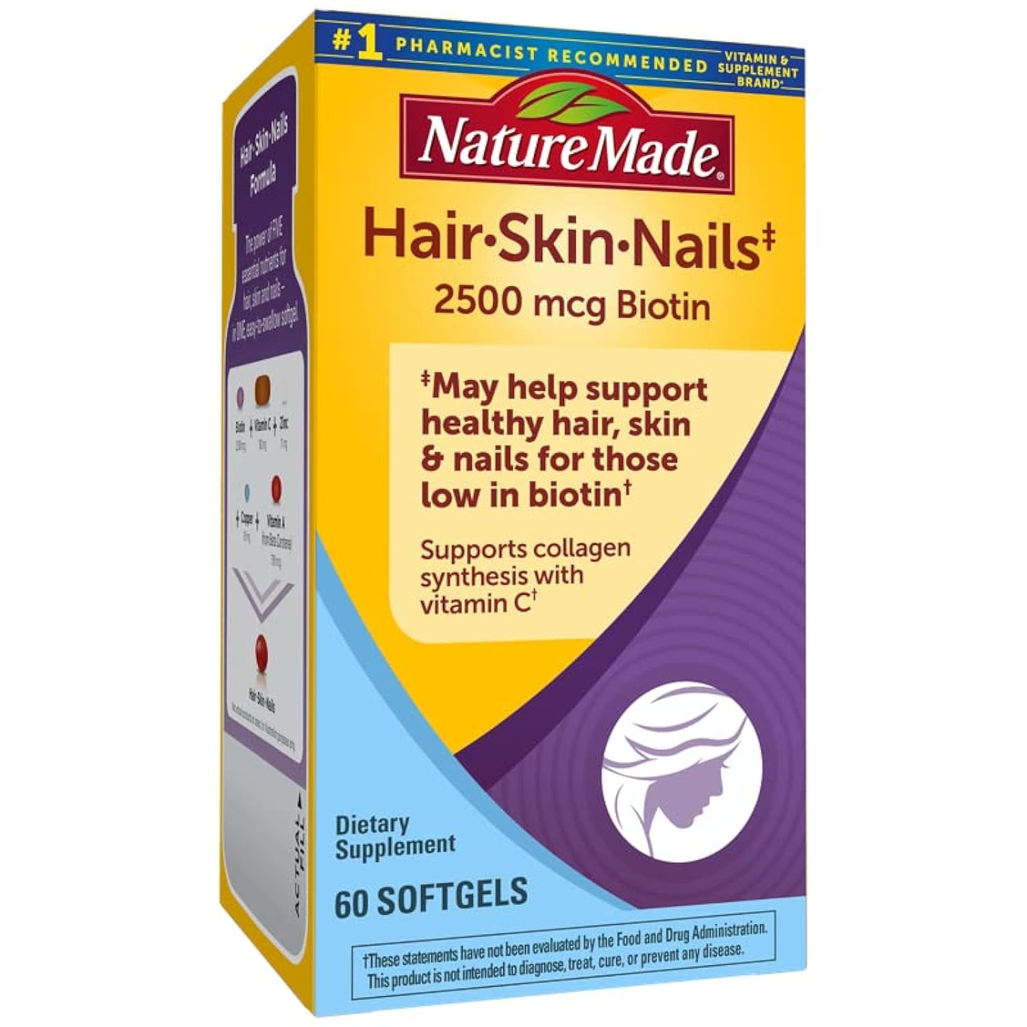 Nature Made Hair, Skin & Nails Biotin 2500 Mcg softgels bottle, dietary vitamins and supplements for hair and skin health