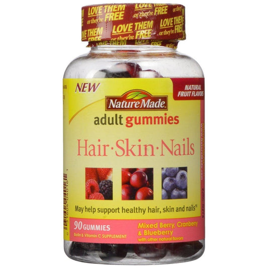 Nature Made Hair, Skin & Nails Gummies in mixed berry, cranberry, and blueberry flavor, 90-count bottle of vitamins and supplements.