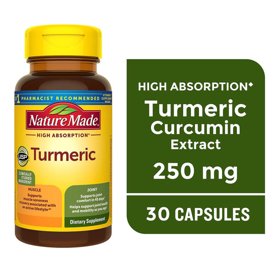 Nature Made high absorption turmeric capsules in a bottle, dietary supplement for joint health and inflammation support.