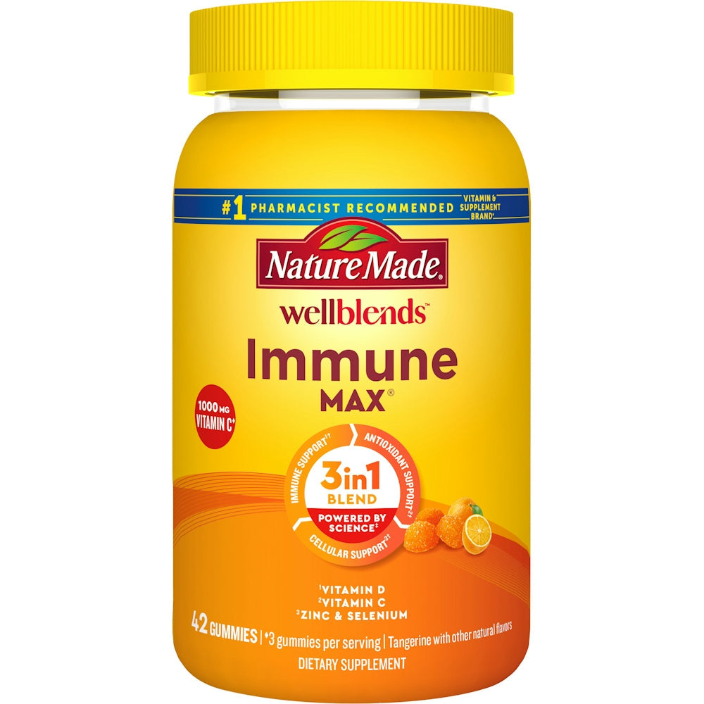 Nature Made Immune Max Tangerine gummies, 3-in-1 blend, vitamins and supplements for immune support, in orange-flavored gummy form.