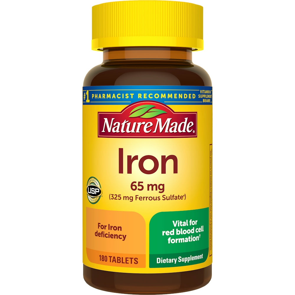 Nature Made Iron 65 mg dietary supplement tablets in a bottle, part of the Vitamins & Supplements category.