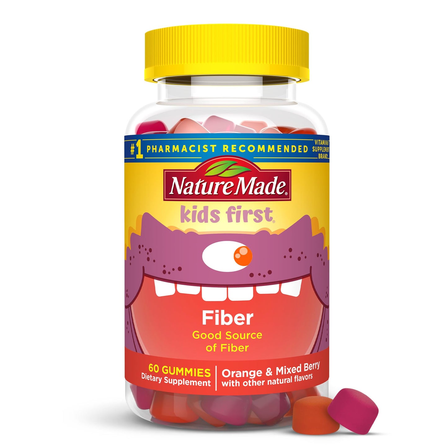 Nature Made Kids First Fiber Gummies in orange and mixed berry flavors, colorful vitamin supplement for children.