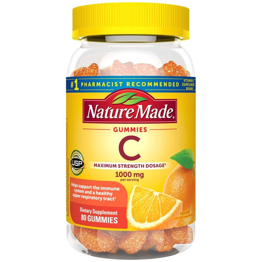 Nature Made Vitamin C 1000mg supplement bottle, maximum strength dosage, in a white container with a blue label.