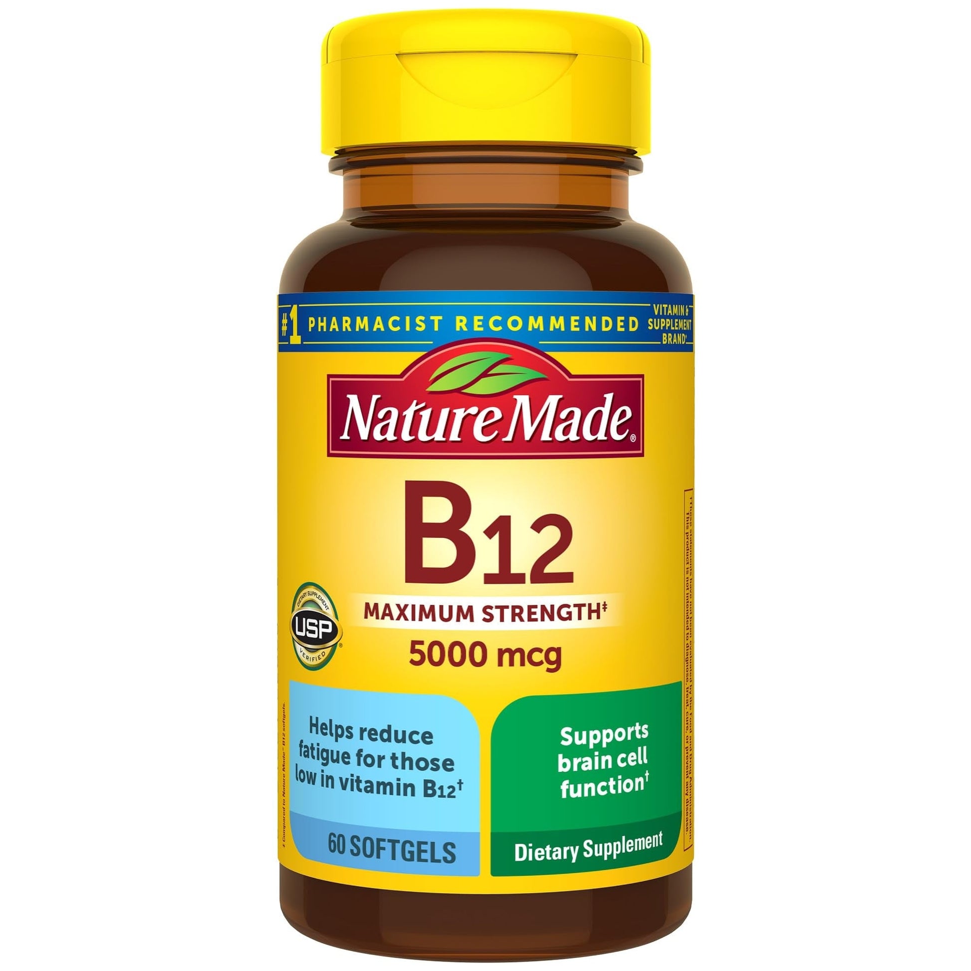 Nature Made Vitamin B12 5000mcg softgels, maximum strength, in a bottle of 60 capsules, from Pasteur Pharmacy.