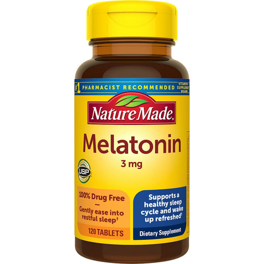 Nature Made Melatonin 3 mg tablets, drug-free sleep aid supplement for adults, in a bottle with white and blue labeling.