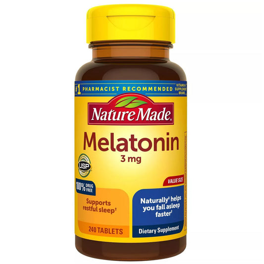 Nature Made Melatonin 3 mg tablets in a value size container, dietary supplement for sleep support, by Pasteur Pharmacy.