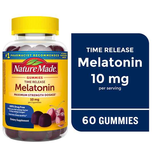 Cherry-flavored Nature Made Melatonin gummies, maximum strength 10 mg, dietary supplement for sleep support.
