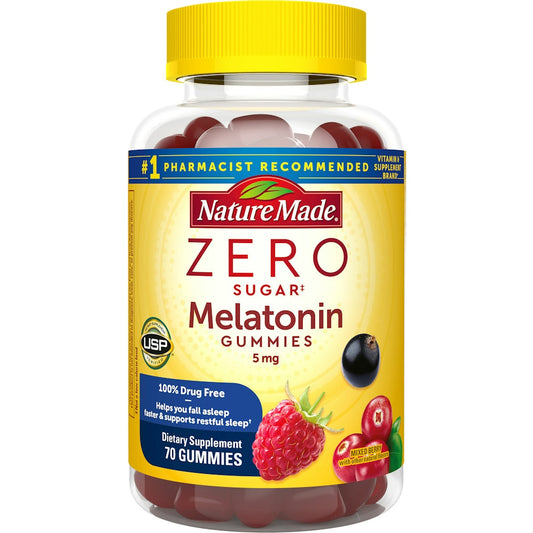 Nature Made Melatonin gummies, zero sugar, 5 mg, mixed berry flavor, vitamin supplement for sleep support.