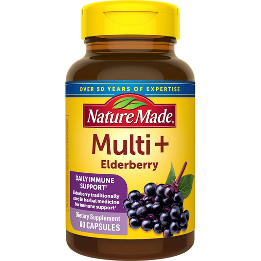 Nature Made Multi + Elderberry capsules, multivitamin supplement for women and men, in a white bottle with colorful labels.