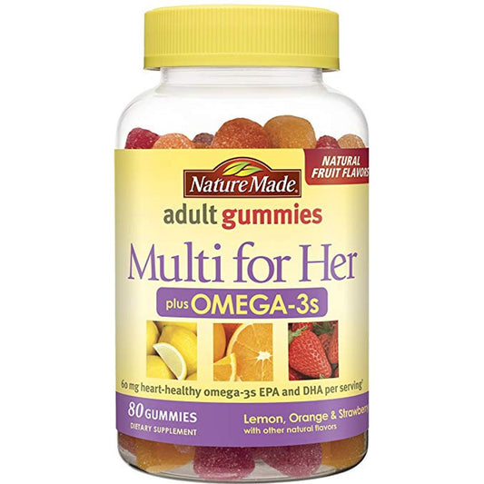 Nature Made Multi For Her + Omega-3 Gummies in strawberry, lemon, and orange flavors, vitamins and supplements from Pasteur Pharmacy
