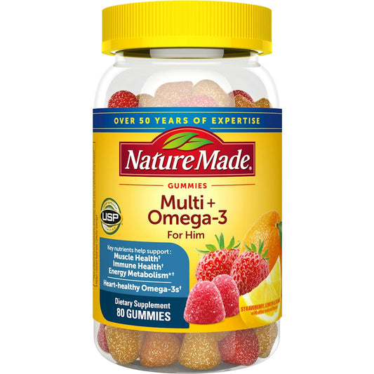Nature Made Multi For Him + Omega-3 Gummies multivitamins in strawberry, lemon, and orange flavors, displayed in a bottle.