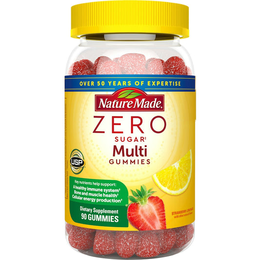 Nature Made Multi Gummies zero sugar in strawberry lemonade flavor, vitamin supplement with colorful gummy vitamins.