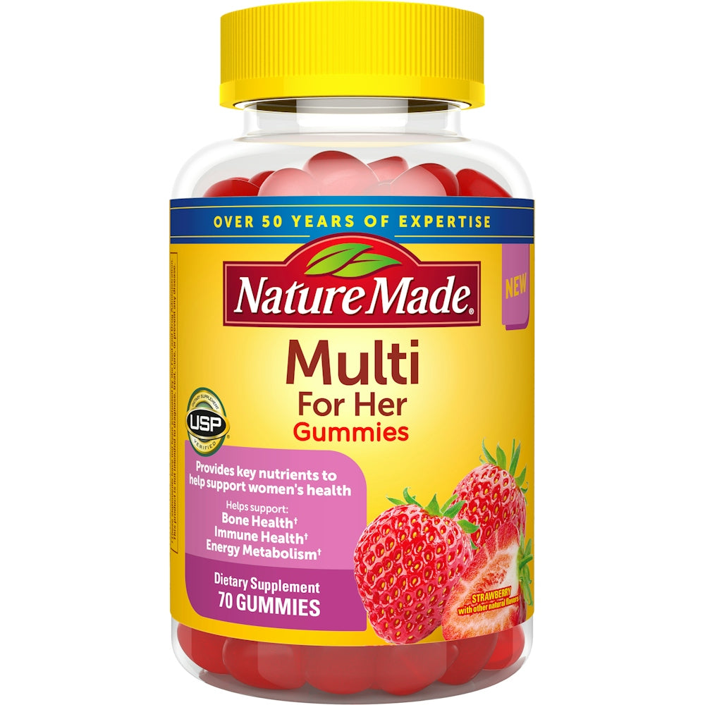 Nature Made multivitamin for her gummies, colorful vitamin supplement in a clear bottle, designed for women's health and wellness.