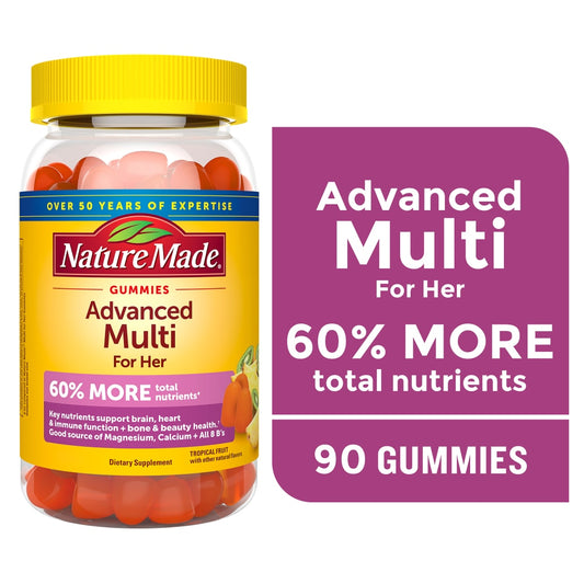 Nature Made multivitamin gummies for her with tropical fruit flavor, shown in a colorful bottle of vitamins and supplements.