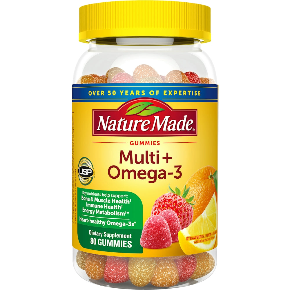 Nature Made multivitamin and Omega-3 gummies in strawberry, lemon, and orange flavors, displayed in a clear bottle.