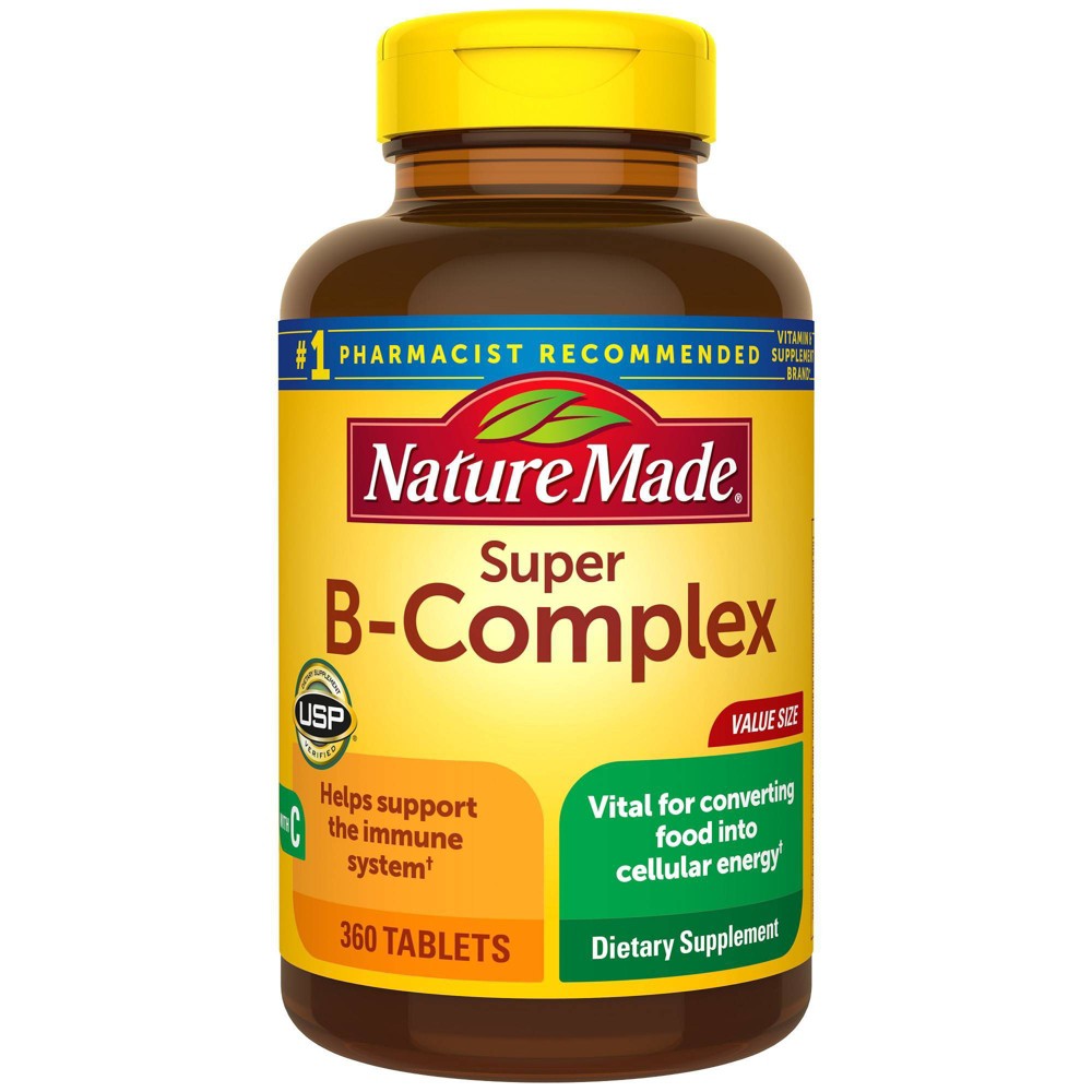 Nature Made Super B Complex tablets, dietary vitamins and supplements in a bottle with colorful label.