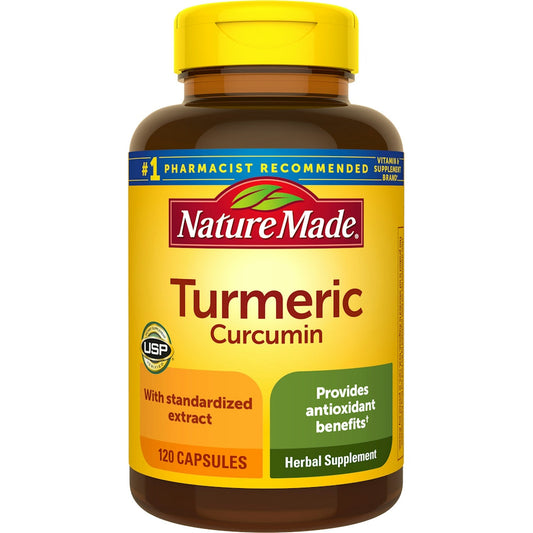 Nature Made turmeric 500 mg capsules, 120-count bottle, dietary supplement for joint and antioxidant support.