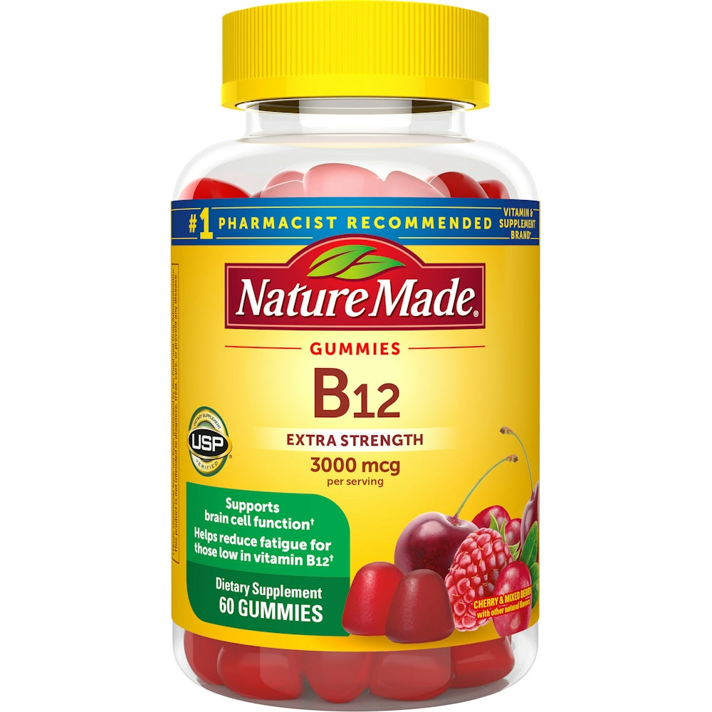 Nature Made Vitamin B12 gummies in cherry and mixed berry flavors, extra strength 3000 mcg, supplement for energy and health.