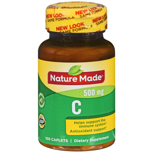 Nature Made Vitamin C antioxidant support tablets, 500 mg, dietary supplement in blister pack with colorful label.