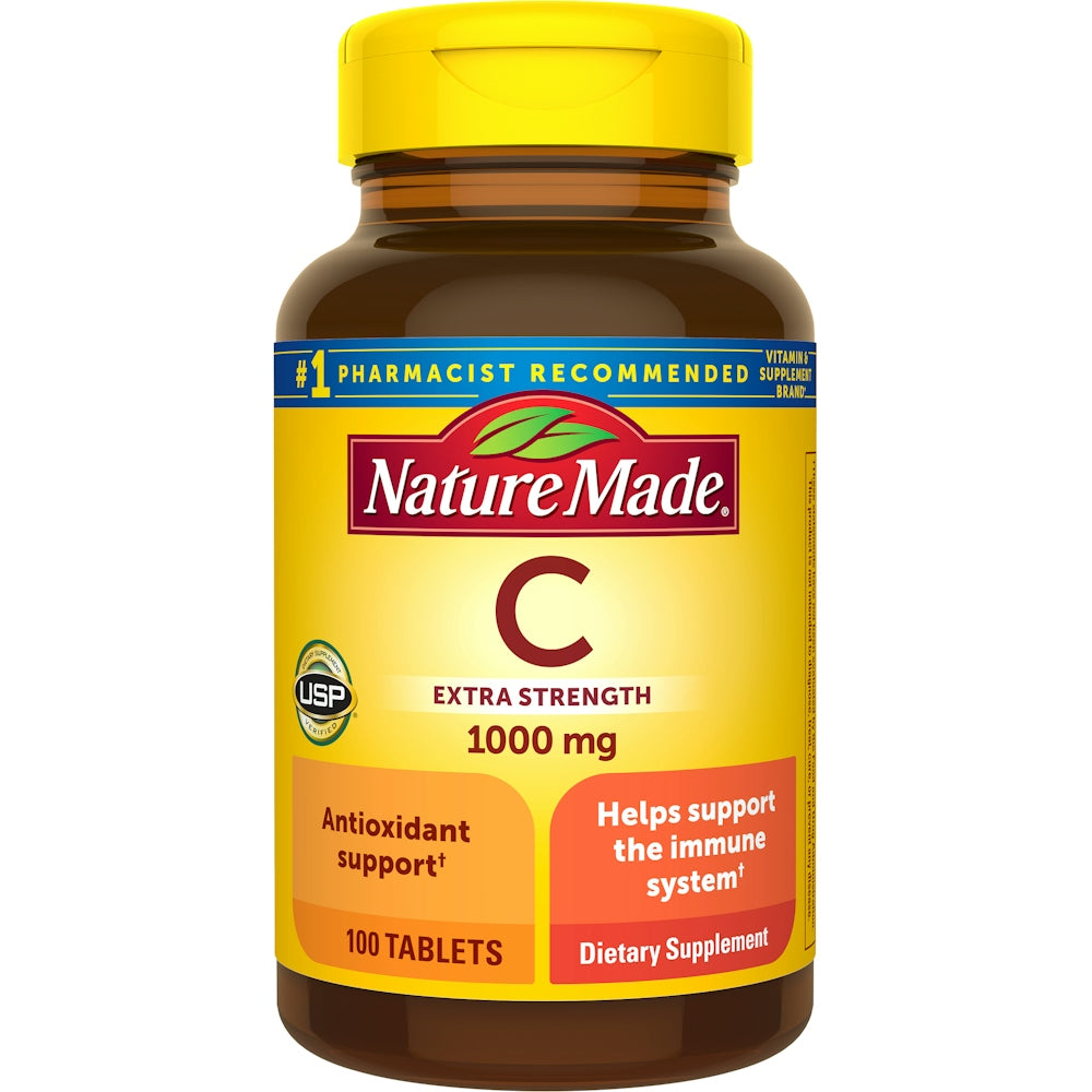 Nature Made Vitamin C Extra Strength 1000 Mg tablets, dietary supplement in blister pack, showing orange-flavored supplement tablets.