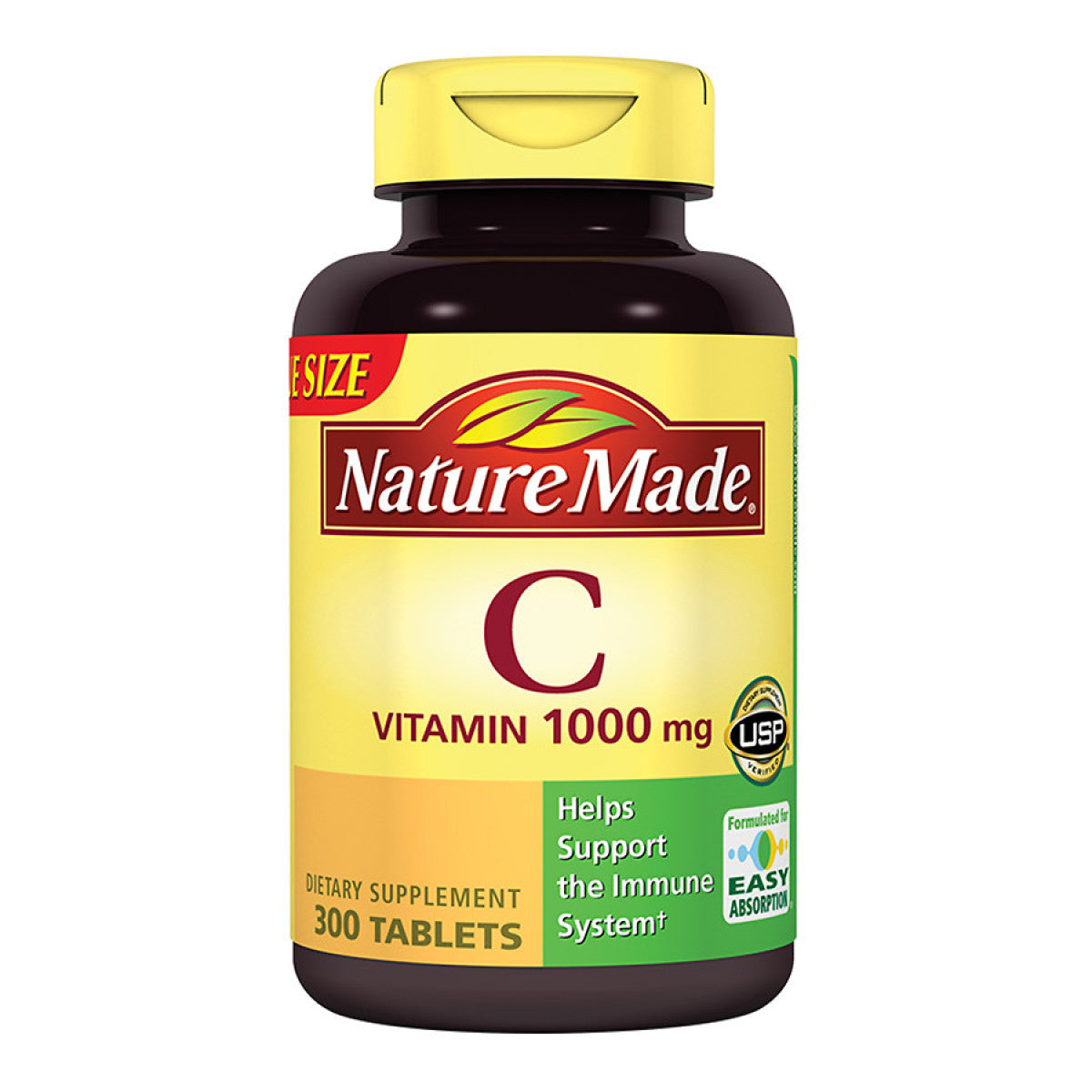 Nature Made Vitamin C Extra Strength 1000mg tablets, supplement bottle with white label, natural health support, value size.