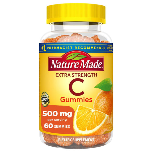 Nature Made Vitamin C Extra Strength 500 mg gummies in tangerine flavor, dietary supplement for immune support.