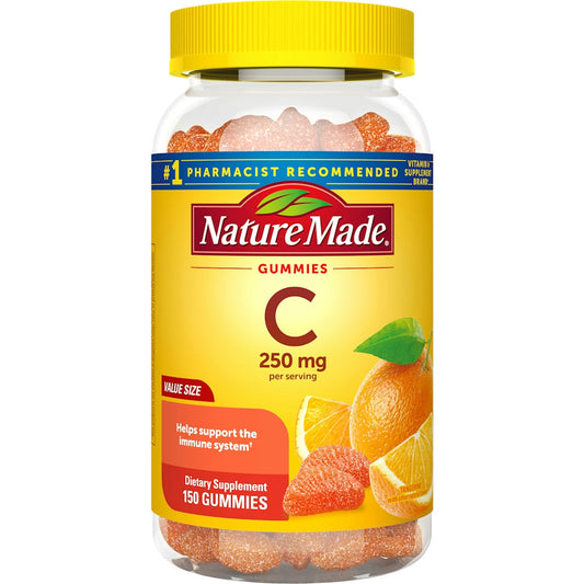 Nature Made Vitamin C Gummies 250 mg in a bottle, immune support vitamins and supplements, 150-count value size.