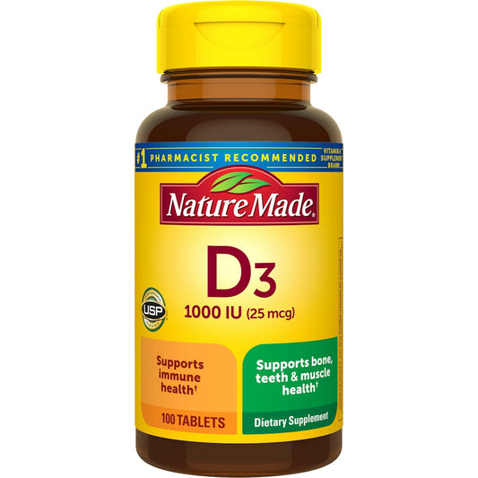 Nature Made Vitamin D3 1000 IU supplement bottle with 100 tablets, natural health support, by Pasteur Pharmacy.