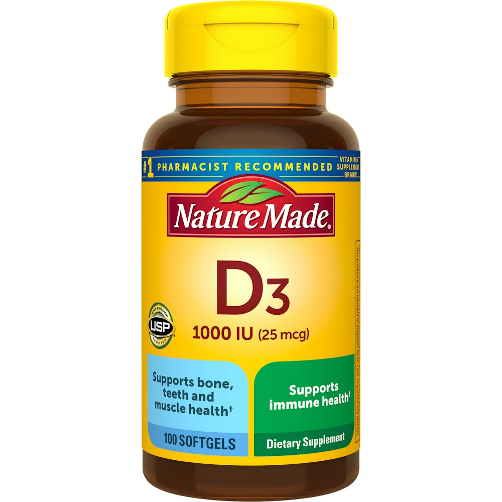 Nature Made Vitamin D3 1000 IU softgels in a 100-count bottle, supplement for bone health, by Pasteur Pharmacy