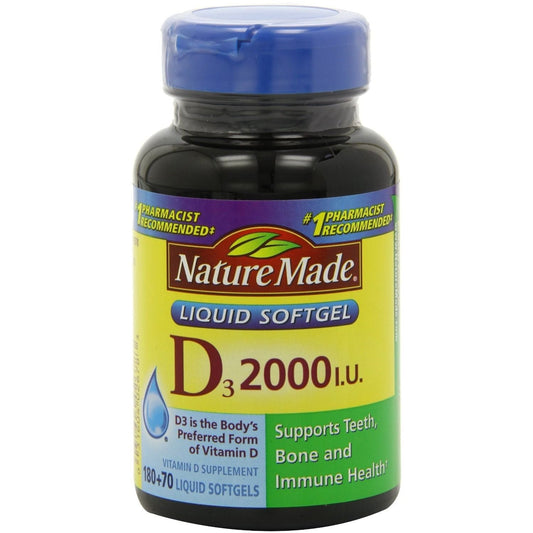 Nature Made Vitamin D3 50 mcg softgels, dietary supplement for immune support, in clear softgel capsules.