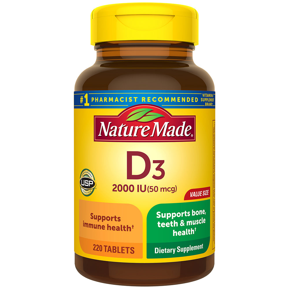 Nature Made Vitamin D3 tablets, 50 mcg, in a value size bottle, dietary supplement for bone and immune health.