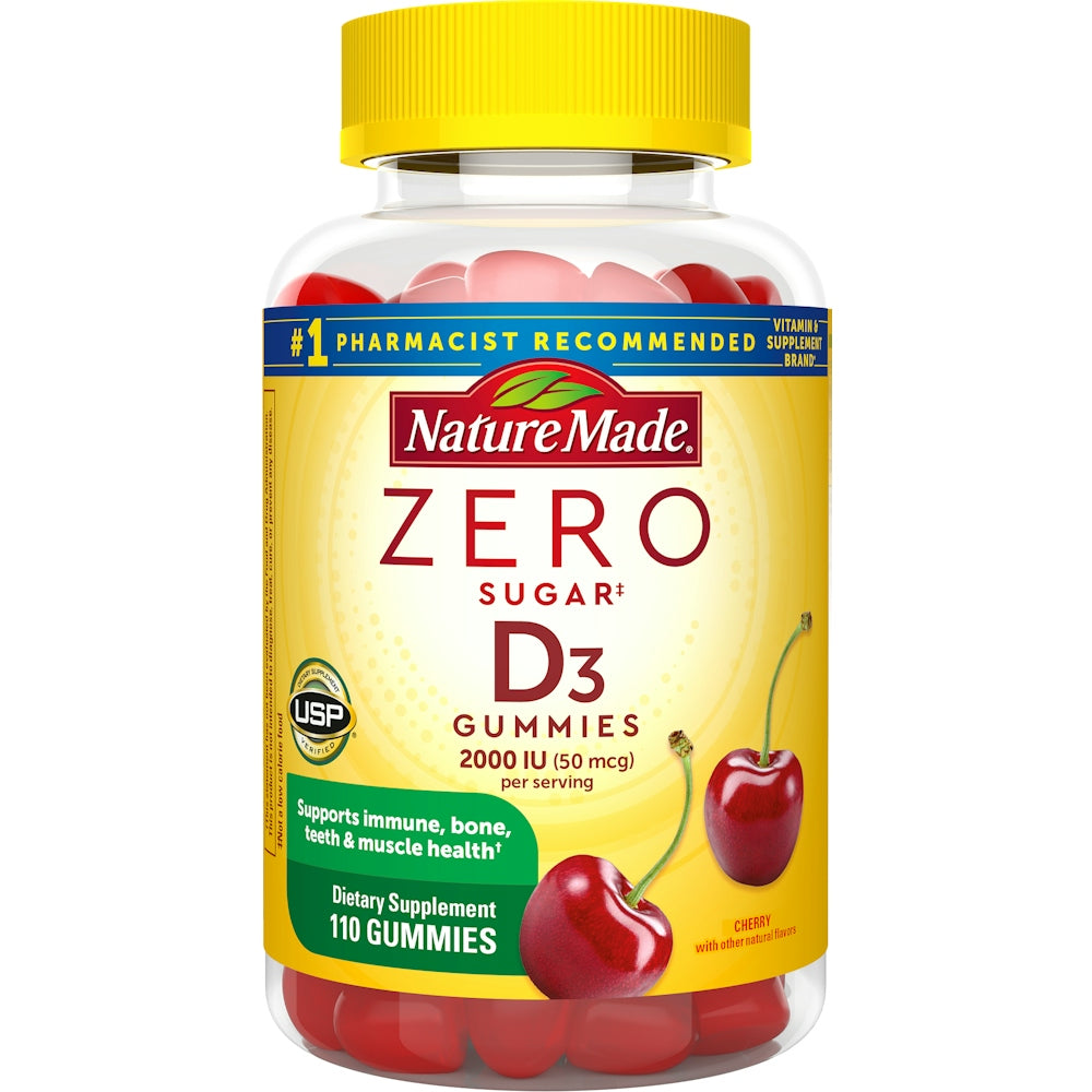 Nature Made Vitamin D3 Cherry Gummies, zero sugar, 2000 IU supplement in a bottle of vitamin and supplement products.