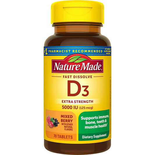 Nature Made Vitamin D3 fast dissolve tablets in mixed berry flavor, extra strength 125 mcg supplement from Pasteur Pharmacy