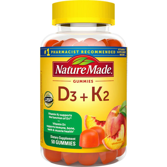 Nature Made Vitamin D3 + K2 Gummies in peach flavor, 50-count, dietary supplement with vitamins and minerals for bone health