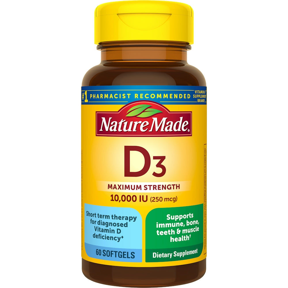 Nature Made Vitamin D3 Maximum Strength softgels, 10,000 IU, dietary supplement in clear softgel capsules.
