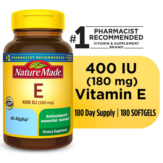 Nature Made Vitamin E 180 mg softgels in clear bottles, showcasing the supplement capsules and label.