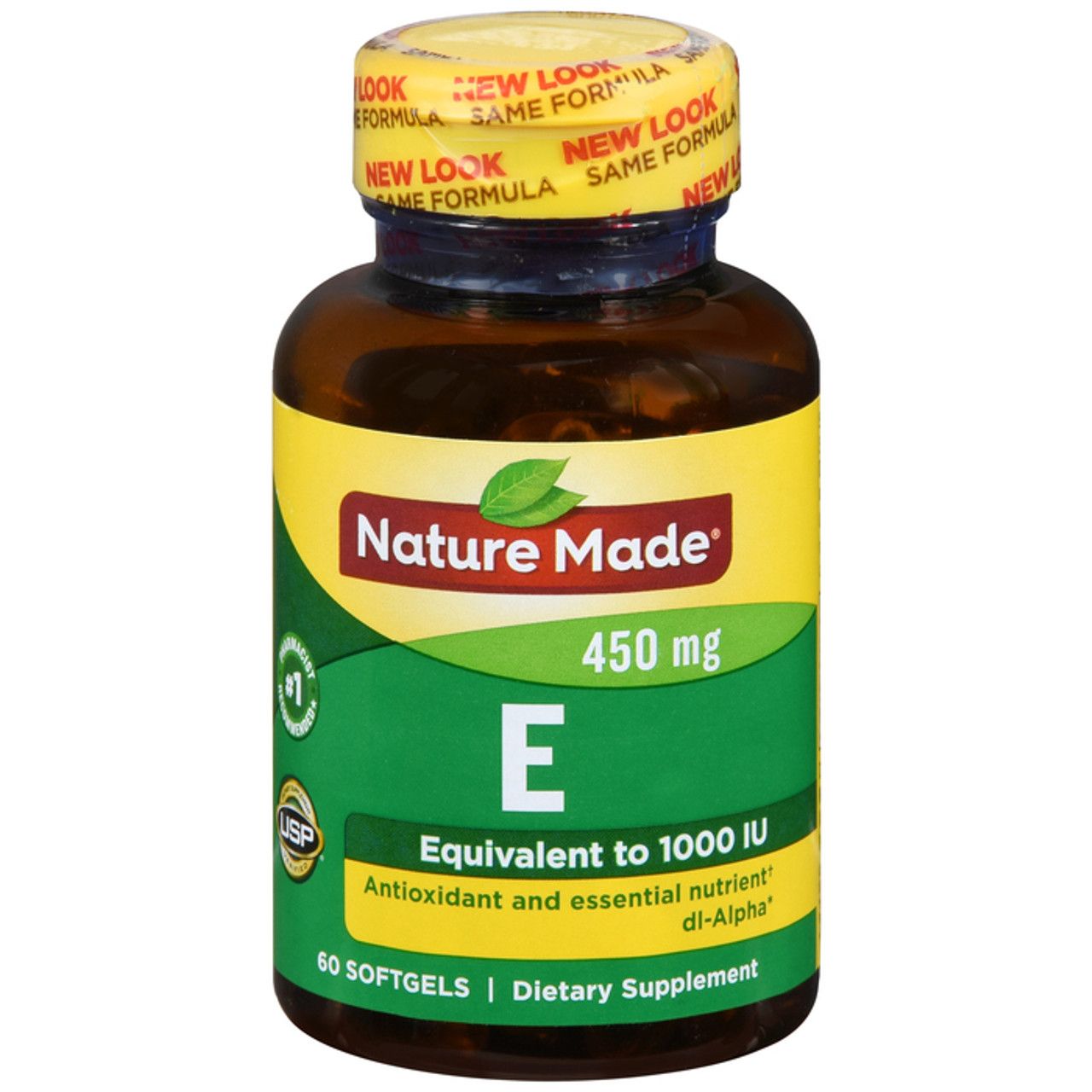 Nature Made Vitamin E dietary supplement softgels in a clear bottle for daily wellness and antioxidant support.