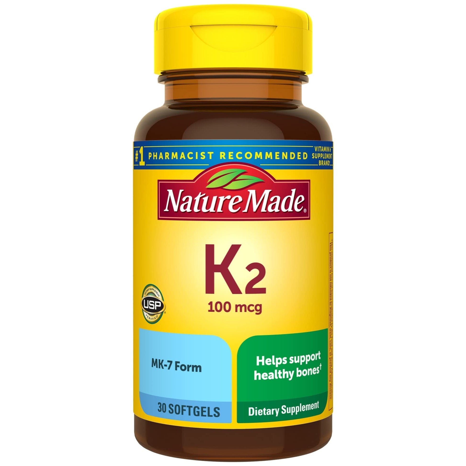Nature Made Vitamin K2 100 mcg softgels for bone health, 30 count, dietary supplement in softgel form.