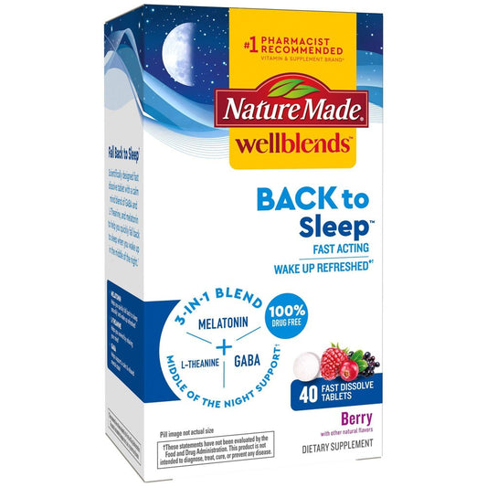 Nature Made Wellblends 3-in-1 Back To Sleep Tablets in a bottle of 40 supplements, designed to support restful sleep.